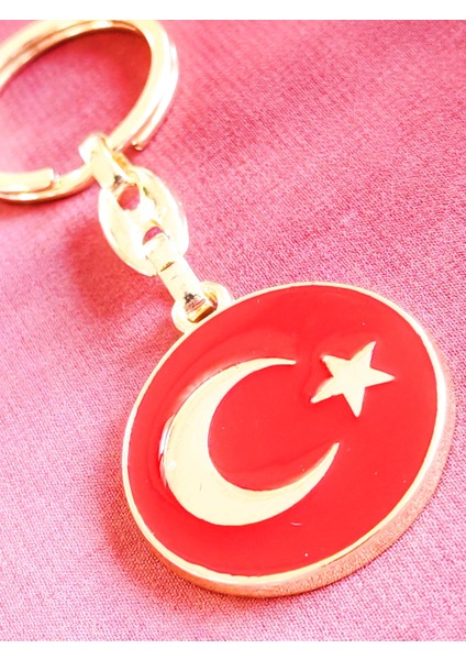 Yuvarlak Kırmızı Zeminde Sarı Altın Renkli Ay Yıldız Figürlü Anahtarlık fırsatları