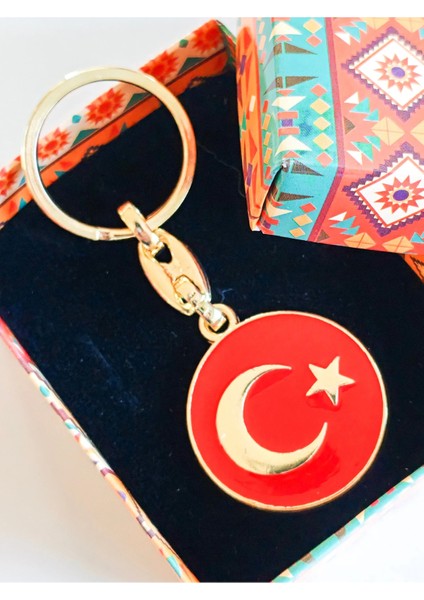 Yuvarlak Kırmızı Zeminde Sarı Altın Renkli Ay Yıldız Figürlü Anahtarlık indirimleri