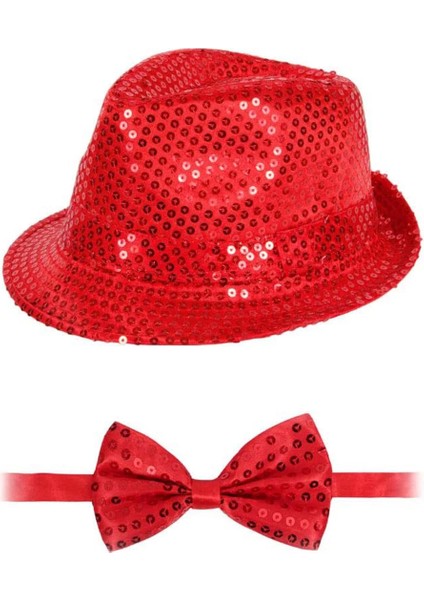 Kırmızı Payetli Şapka ve Papyon Seti – Parıltılı Yetişkin Kostüm Seti - Lisinya