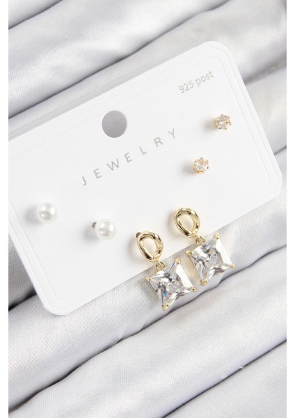 Pirinç Zirkon Taşlı Sallantılı Kare Model Gold Renk 925 Ayar Gümüş Çivi Kadın Küpe Set - Lisinya