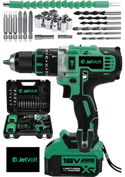 Jetvolt 18V Metal Şanzıman Çift Akülü Şarjlı Darbeli Matkap 24 Parça - Yeşil