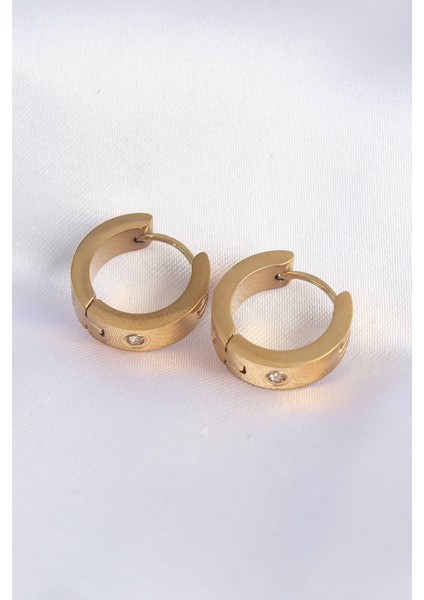 316L Çelik Gold Renk Zirkon Taşlı Minimal Model Halka Küpe - Lisinya