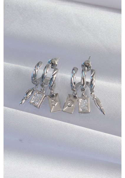 Pirinç Gümüş Renk Zirkon Taşlı Çoklu Aksesuarlı Yarım Halka Kaburga Küpe - Lisinya