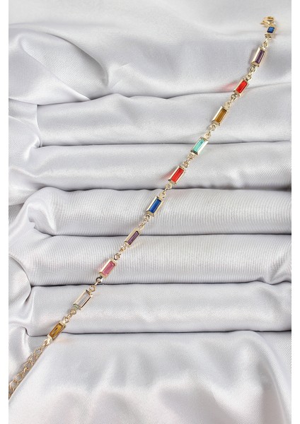 Pirinç Gold Renk Karışık Renkli Kare Zirkon Taşlı Kadın Bileklik - Lisinya