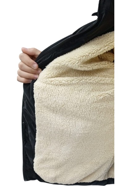 Kız Çocuk /Erkek Çocuk Fermuar Cepli Kapüşonu Çıkabilen İçi Peluş Astarlı Siyah Mont fırsatları