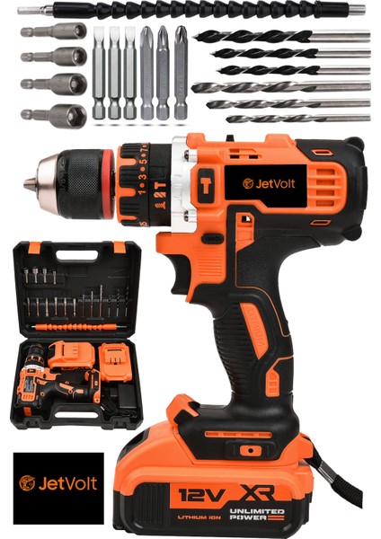 Jetvolt 12V 1.5AH Çelik Şanzıman Çift Akülü Darbeli Şarjlı Matkap Akülü Vidalama - Turuncu