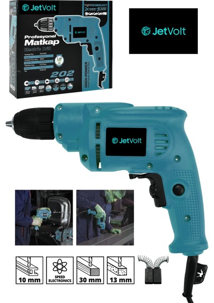 Jetvolt 240V 60Hz Profesional 580W Metal Şanzıman 10MM Elektrikli Matkap - Mavi