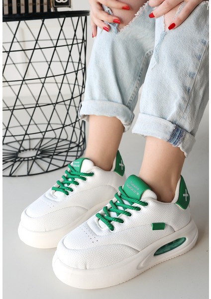 Chris Beyaz Cilt Yeşil Detaylı Bağcıklı Spor Ayakkabı - Lisinya