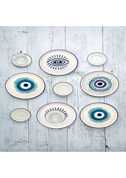 Seramik Hand Made 18 Parça 6 Kişilik Nazar Boncuklu Kahvaltı ve Çay Seti modelleri