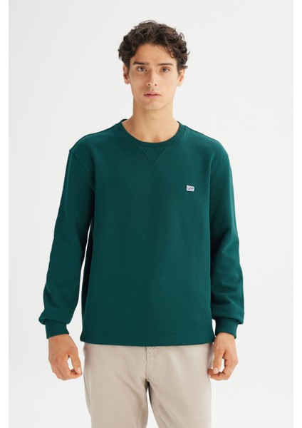 %100 Pamuk Regular Fit Normal Kesim Bisiklet Yaka Koyu Yeşil Sweatshirt