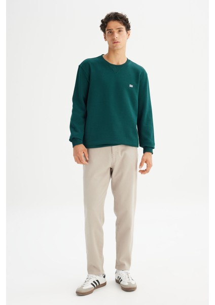 %100 Pamuk Regular Fit Normal Kesim Bisiklet Yaka Koyu Yeşil Sweatshirt fiyatları