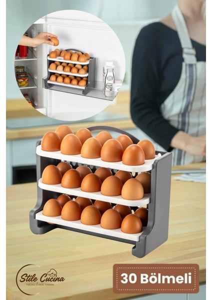 30 Bölmeli Yumurtalık - 3 Katlı Yumurta Rafı Saklama Kabı Beyaz-Antrasit