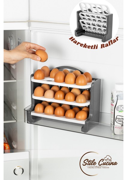 30 Bölmeli Yumurtalık - 3 Katlı Yumurta Rafı Saklama Kabı Beyaz-Antrasit fiyatları