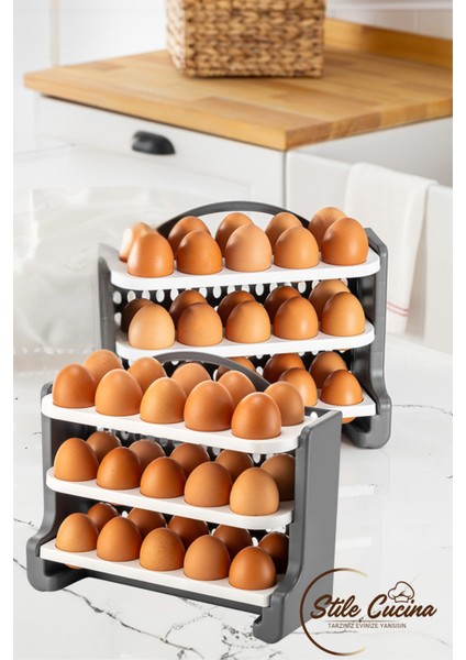 30 Bölmeli Yumurtalık - 3 Katlı Yumurta Rafı Saklama Kabı Beyaz-Antrasit modelleri