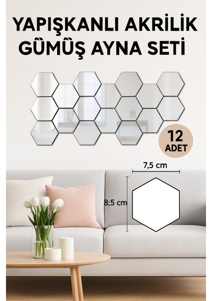 12'li Yapışkanlı Akrilik Ayna Seti | Altıgen Duvar Dekoru | Modern Dekoratif Ayna Panelleri