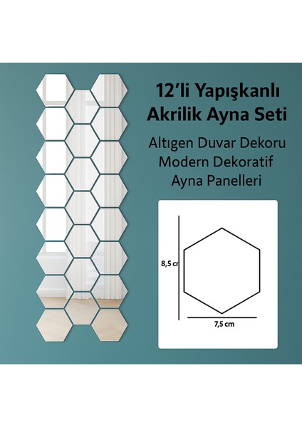 12'li Yapışkanlı Akrilik Ayna Seti | Altıgen Duvar Dekoru | Modern Dekoratif Ayna Panelleri fiyatları