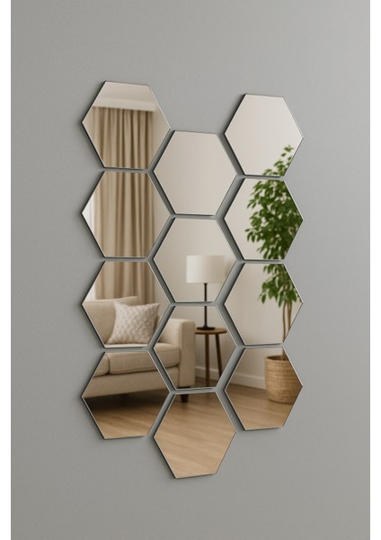 12'li Yapışkanlı Akrilik Ayna Seti | Altıgen Duvar Dekoru | Modern Dekoratif Ayna Panelleri modelleri