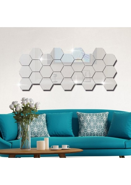 12'li Yapışkanlı Akrilik Ayna Seti | Altıgen Duvar Dekoru | Modern Dekoratif Ayna Panelleri