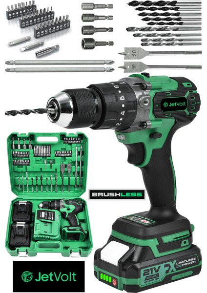 Jetvolt 21V Çelik Mandren Kömürsüz Motor Darbeli Şarjlı Matkap Vidalama - Yeşil