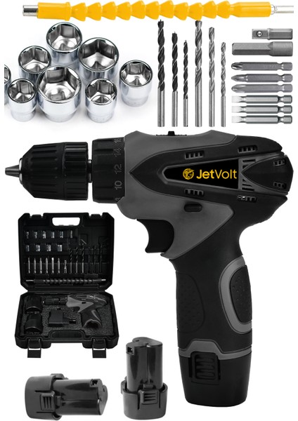 Jetvolt 12V 1.5AH Çift Akülü Vidalama Şarjlı Matkap 24 Parça - Siyah
