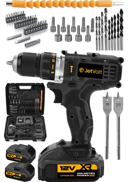 Jetvolt 12V 2.0AH Şarjlı Matkap Metal Şanzıman Bakır Sargılı Çift Akülü 84 Parça Set - Siyah