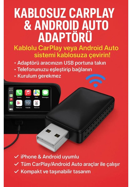 Kablosuz Carplay & Android Auto Adaptörü - Apple ve Android Cihazlar Için Evrensel Wireless Carplay Çevirici ( Lisinya )