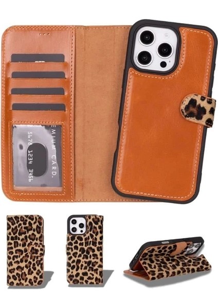 Apple iPhone 16 Pro Uyumlu, Hakiki Deri, El Yapımı, Cüzdanlı Kılıf, Leopar