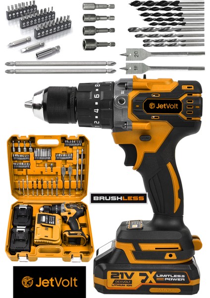 Jetvolt 21V Çelik Mandren Kömürsüz Motor Darbeli Şarjlı Matkap - Turuncu