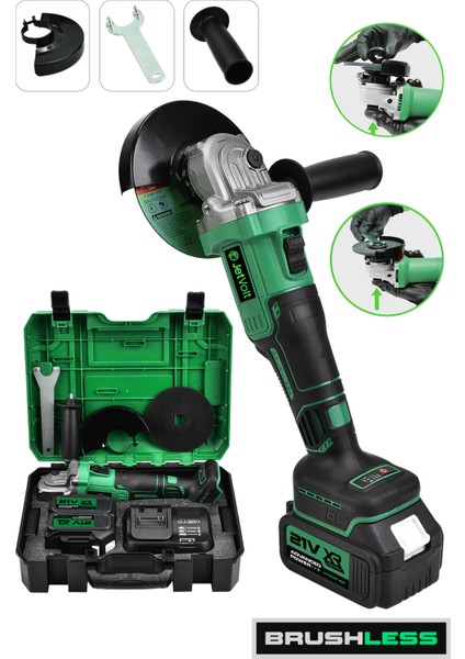 Jetvolt Profesyonel 21V 2.0AH Çift Akülü 10 Pilli 125MM Kömürsüz Şarjlı Taşlama - Yeşil