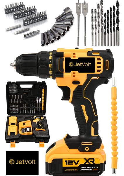 12V 1.5AH Metal Şanzuman Çift Akülü 84 Parça Şarjlı Matkap Akülü Vidalama - Sarı