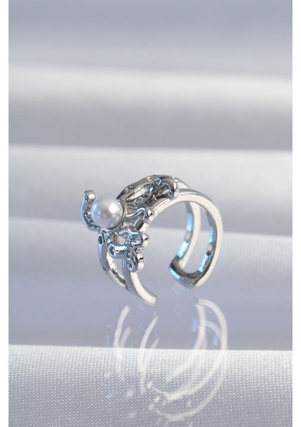 Pirinç Gümüş Renk Incili Ahtapot Earcuff Küpe - Lisinya