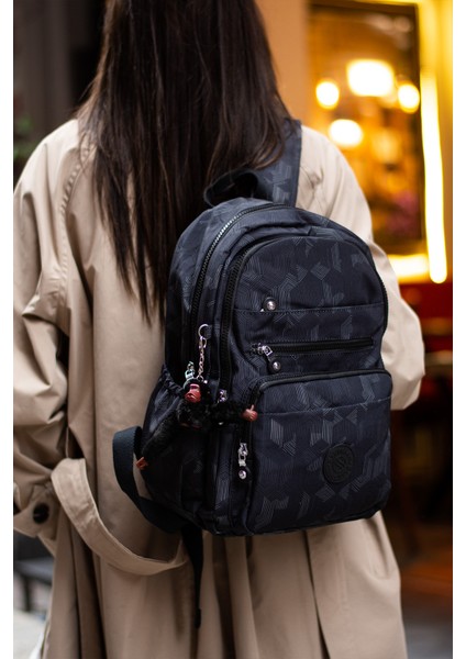 Çok Cepli Kadın Sırt Çantası Orta Boy Günlük HV3001 Siyah Desenli fiyatları