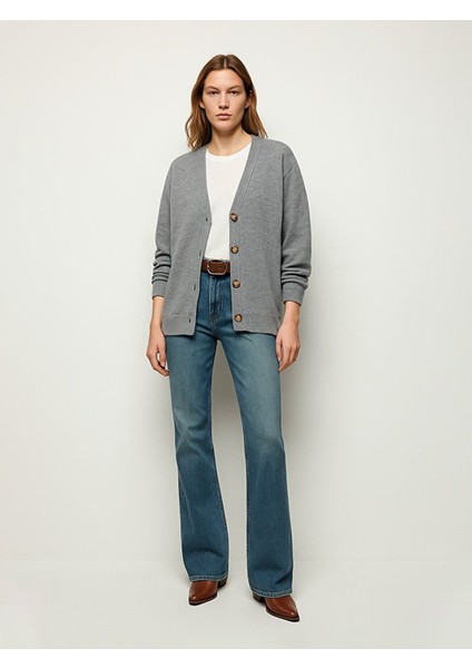 Uzun Kollu Önü Düğmeli Basıc Triko Gri Hırka