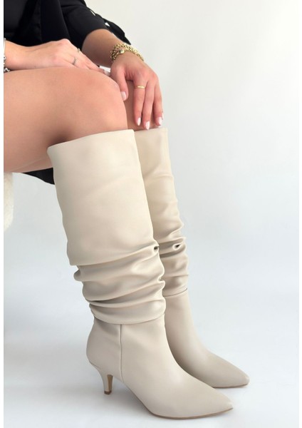 Zelya Bej Cilt Topuklu Çizme - Lisinya