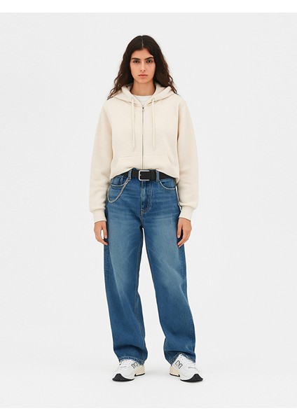 Uzun Kollu Kapüşonlu Önü Fermuarlı Krem Sweatshırt