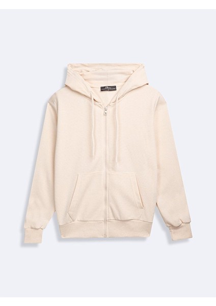 Uzun Kollu Kapüşonlu Önü Fermuarlı Krem Sweatshırt fiyatları