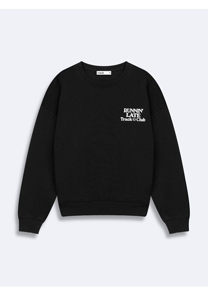 Sıfır Yaka Sloganlı Uzun Kollu Basıc Siyah Sweatshırt