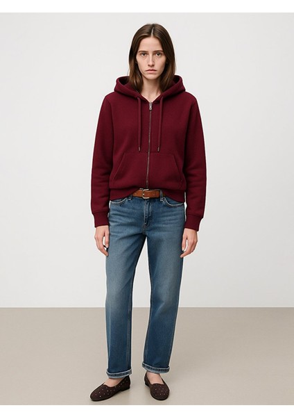 Uzun Kollu Kapüşonlu Önü Fermuarlı Kırmızı Sweatshırt