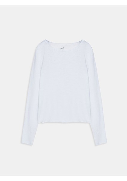 Uzun Kollu Sıfır Yaka Basıc Beyaz Sweatshırt