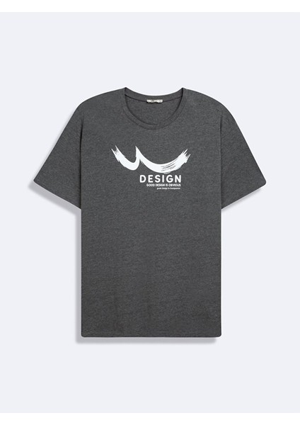 Kısa Kollu Sıfır Yaka Sıgn Baskılı Antrasit T-Shırt