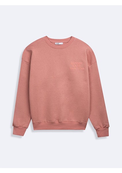 Sıfır Yaka Sloganlı Uzun Kollu Basıc Pembe Sweatshırt