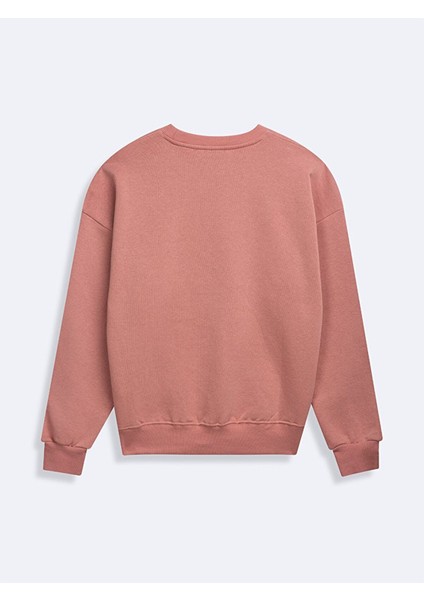 Sıfır Yaka Sloganlı Uzun Kollu Basıc Pembe Sweatshırt fiyatları