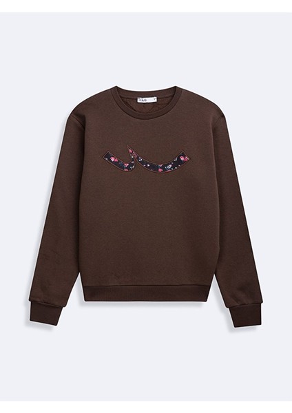 Sıgn Baskılı Sıfır Yaka Uzun Kollu Kahve Rengi Sweatshırt