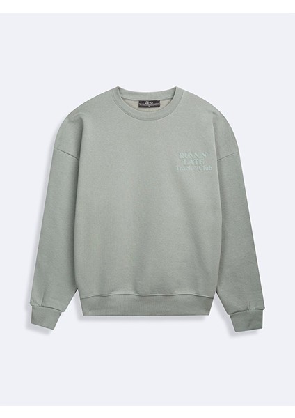 Sıfır Yaka Sloganlı Uzun Kollu Basıc Yeşil Sweatshırt