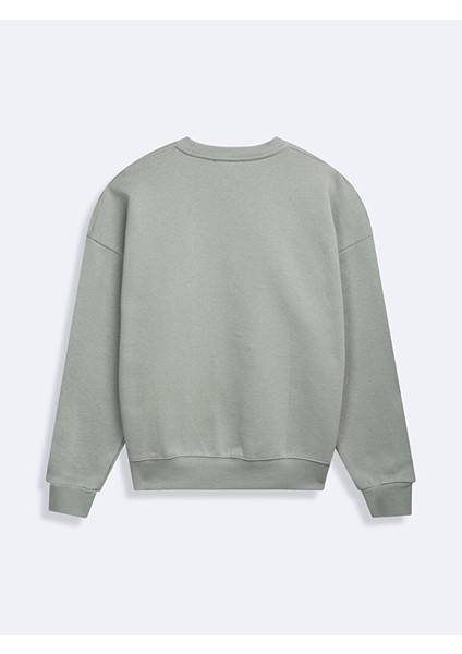 Sıfır Yaka Sloganlı Uzun Kollu Basıc Yeşil Sweatshırt fiyatları