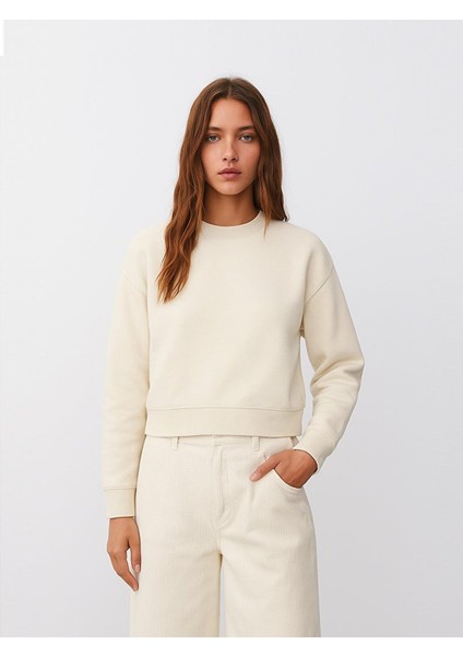 Uzun Kollu Bisiklet Yaka Basıc Bej Sweatshırt