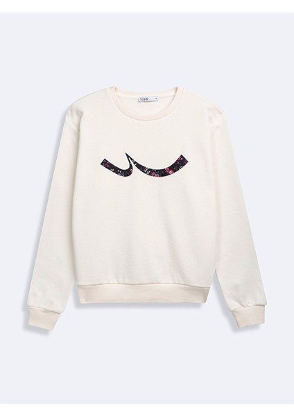 Sıgn Baskılı Sıfır Yaka Uzun Kollu Bej Sweatshırt