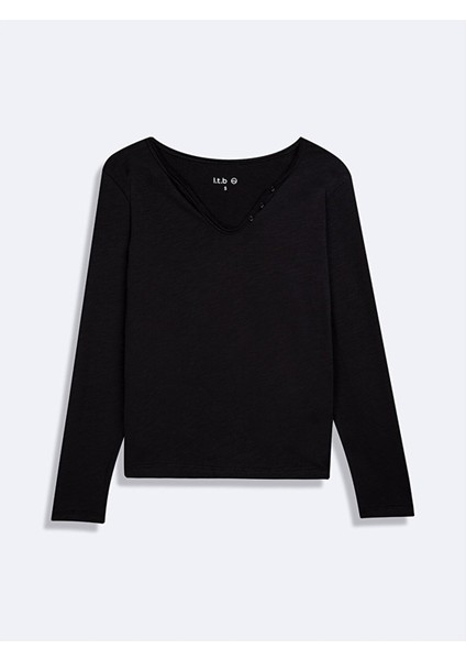 Uzun Kollu Basıc V Yaka Siyah Sweatshırt