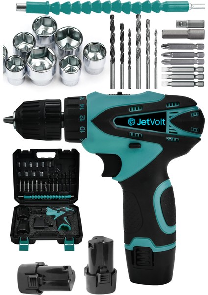 Jetvolt 12V 1.5AH Çift Akülü Vidalama Şarjlı Matkap 24 Parça - Mavi