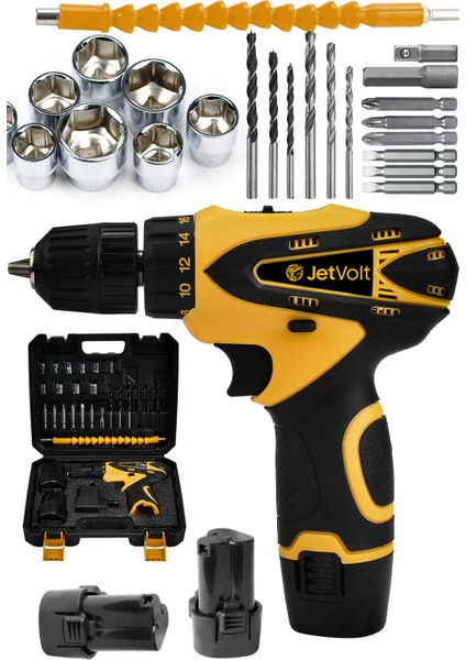 Jetvolt 12V 1.5AH Çift Akülü Vidalama Şarjlı Matkap 24 Parça - Sarı
